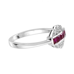 14K White Gold Finish French Cut Ruby Lab Created Diamond Art Deco Style Ring
