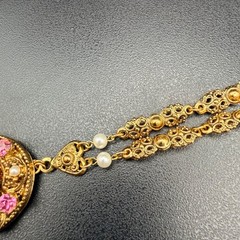 Vintage West Germany Pink Cameo Necklace Exceptional Brass Filigree 1960s