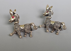 Vintage Matched Pair Pave Donkey Figural Brooch Pin Red Rhinestone Eye MCM Set