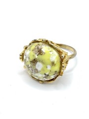 Vintage Gold Tone Faux Lizardite Adjustable Ring Gold White Green And Filigree