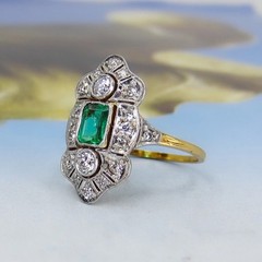 Vintage Style Edwardian Emerald and Lab Created Diamond Ring In 14k Gold Finish