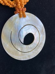 Vintage Orange Bead Necklace Mother Of Pearl Shell Spiral Pendant Tribal