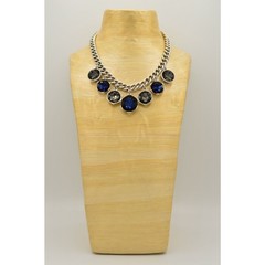 KC Vintage Collar Necklace Heavy Rhinestone Crystal Chunky Blue Gray Signed BinR
