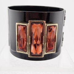 VTG 1980s Black Enamel 1 3/4″ Wide Pinkish Orange Jeweled 7.75″ Bangle Bracelet
