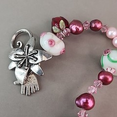 Glass Beaded Bracelet Lampwork Pink Freshwater Pearl Handmade 6.75″