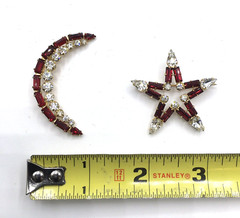 B David Clear Gold Tone Red Rhinestone Crescent Moon Star Brooch Pins