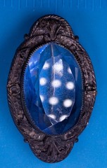 Vintage Ornate Oval Brooch Dark Tone Metal 1.75″ L Blue Glass Victorian Style