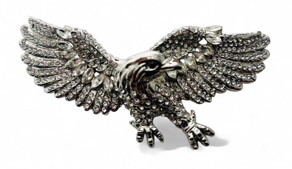 Vintage 80’s Chunky Glass Rhinestone Figural Eagle Brooch Pendant Military Style