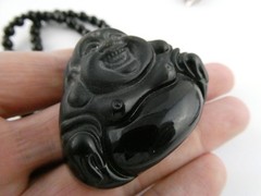 Black Onyx Carved Buddha Pendant Necklace Black Beaded Strand No Clasp 68.5g