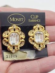 Monet costume clip on earrings, Etruscan look, clear crystal, on card, unused