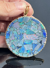 Large Vintage 14K Gold Rope Design Opal Mosaic Statement Pendant 2 5/8″ length