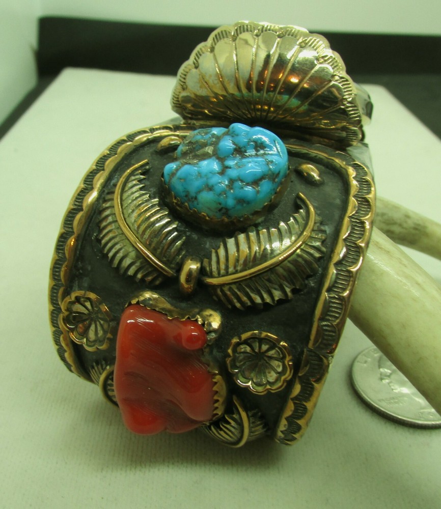 VTG SW N A WATCHBAND W/TURQUOISE & CORAL GOLD OVERLAY W/SS UNDERNEATH-NEW PRICE