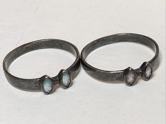 b56. 925 Sterling Vintage Double Pink Blue Navette Gemstone Two Rings,8.5s, 3.5g