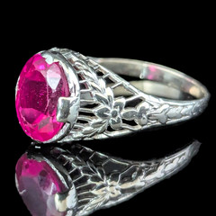 1920s Art Deco Era Lab Created Ruby White Gold Filigree Ring Vintage Antique