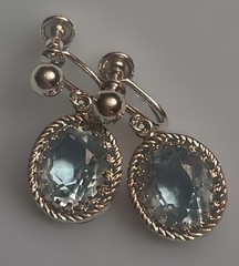 Vintage 1950 Danecraft Sterling 925 Screw On Earrings Blue Glass Oval Drop R33