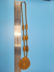 Fine Carved Large Wood Teardrop Pendant on Wood & Metal Bead Necklace