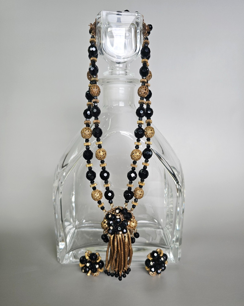 VTG Black Faceted Bead Gold Filigree Tassel Pendant Necklace Clip Earring Set