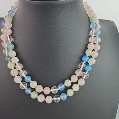 Pastel Gemstone Necklace Beaded Knotted Rose Quartz Jade Blue Glass 30in Vintage