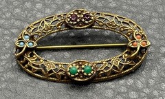 Vintage 1928 Brand Gold Tone Filigree Oval Brooch Etruscan – Victorian Style