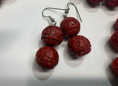 Vintage Chinese Cinnabar Carved Red Bead Necklace & Earrings Set