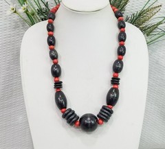 Vintage 1970s Boho Ethnic Tribal Chunky Red and Black Wooden Geo Bead Necklace