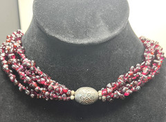 Vintage 3-Strand Garnet Chip Necklace 20” w/ Tribal Silver Beads – 92g Artisan S