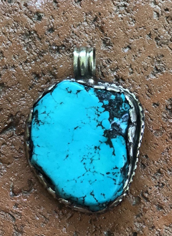 Vtg Lg Irregular Turquoise Pendant In Silvertone Setting