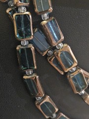 Vintage Multi Strand Czech Glass Tile Bead Necklace Earring Set Rectangle Teal