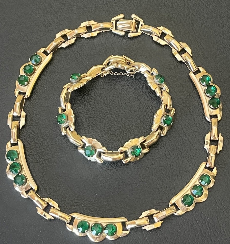 Vintage BARCLAY Green Rhinestone Gold-tone Choker Necklace & Bracelet