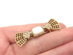 Vintage 1928 Gold Tone Faux Pearl Pink Rhinestone Lattice Lace Bow Brooch Pin