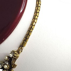 Floral Rhinestone Imitation Pearl Necklace With Gold Tone Metal Accents Vtg Hook