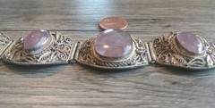 Antique Silvertone Filigree Amethyst Glass Stone 7″ Bracelet