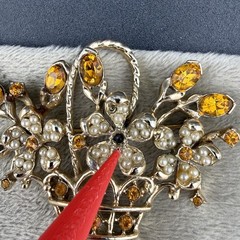 Vintage Rhinestone Brooch Flower Basket Orange Gold Tone READ