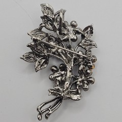 Floral Statement Brooch Dark Silver Gray Tone Rhinestone Pendant Bow 2.5″ Pin