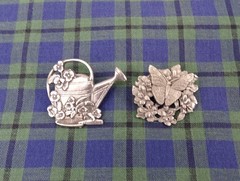 Lot of 2 Pewter ‘Birds and Blooms’ Brooches, Watering Can (2000), Butterfly 1998