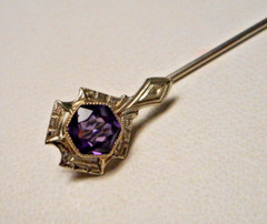 Antique Signed Belais Art Deco 18K White Gold Filigree & Amethyst Stickpin