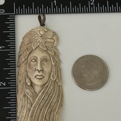 Vintage Native American Woman Eagle Carved Buffalo Bone Pendant