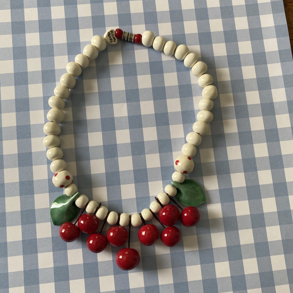 Vtg Flying Colors Red Cherries White Bead Necklace Rockabilly Pin-Up WhimsiGoth