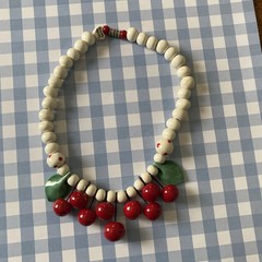 Vtg Flying Colors Red Cherries White Bead Necklace Rockabilly Pin-Up WhimsiGoth