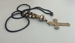 VTG Brass Cross-Religious-Black Cord- Plastic Beads-Necklace-Faux Shell Stone
