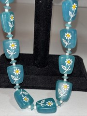 Mid-century Beaded Necklace Inset Daisy Flower Aqua Blue Beads Vintage Hong Kong