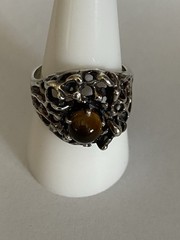 Vintage Men’s Sterling Silver Brutalist Tigers Eye Ring Modern Design Sz. 9.5″