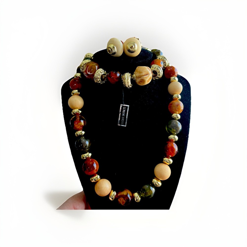 Elegant Beaded Necklace, Bracelet and Earrings Gold Tone Cream Amber Colors