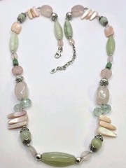 Vintage Barse Sterling 24 Inch And Gemstone Beaded Necklace Rose Quarts MOP Gem