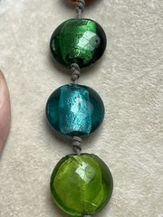 Vintage Artisan Glass Disks Double Knotted Cord Necklace Blue Green Topaz 20”