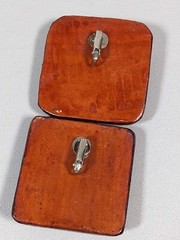 Vintage Unique Brown Leather Wrapped Wood Look Square Large Clip Earrings