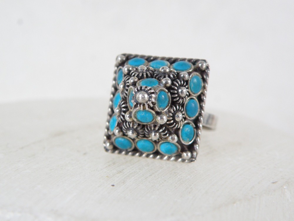 Vintage Taxco Mexico Turquoise Cannetille Sterling Silver Pyramid Ring 8