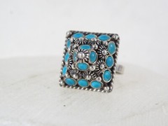 Vintage Taxco Mexico Turquoise Cannetille Sterling Silver Pyramid Ring 8