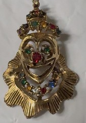 Read Clown Face Necklace Pendant Multi Round Rhinestones Gold Tone Signed