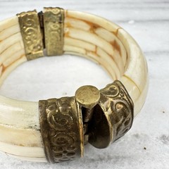 Vintage Bone Inlay Bangle Brass Hinge Bracelet Boho Statement Chunky Ethnic